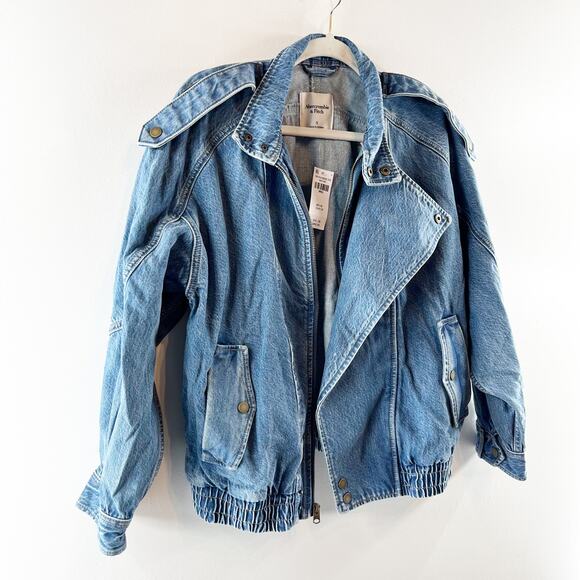 Abercrombie Relaxed Denim Bomber Jacket Medium Wash Blue Small - Picture 8 of 8
